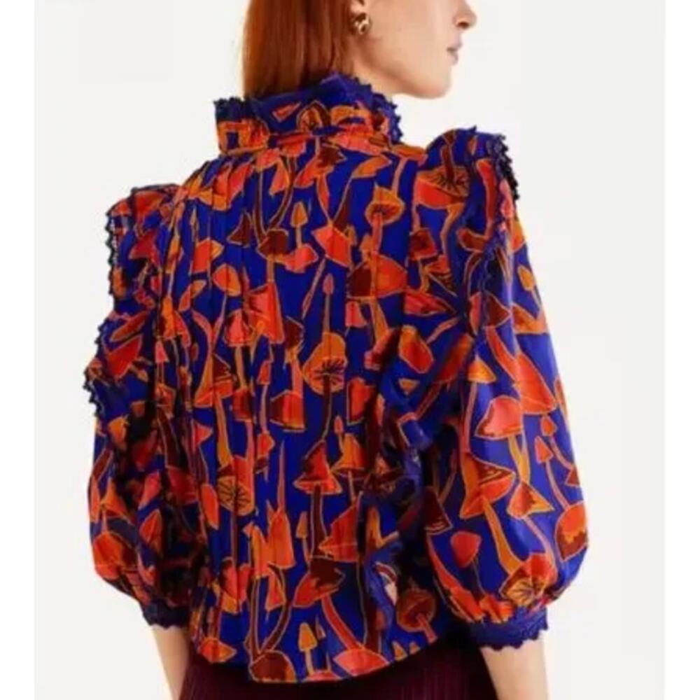Farm Rio Women Mushroom Sketch Bright Blue Blouse Size S/M